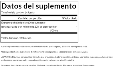 Extracto de Hoja de Olivo 500mg (120 caps) / Olive Leaf Extract 500mg (120 caps)