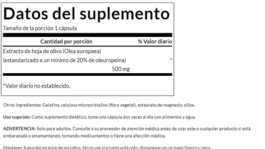 Extracto de Hoja de Olivo 500mg (120 caps) / Olive Leaf Extract 500mg (120 caps)