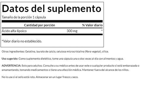 Ácido Alfa Lipoico 300 mg (120 Caps) / Alpha Lipoic Acid 300 mg (120 Caps)