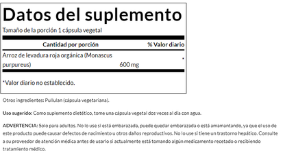 Arroz de Levadura Roja 600mg (60 vcaps) / Red Yeast Rice 600mg (60 vcaps)
