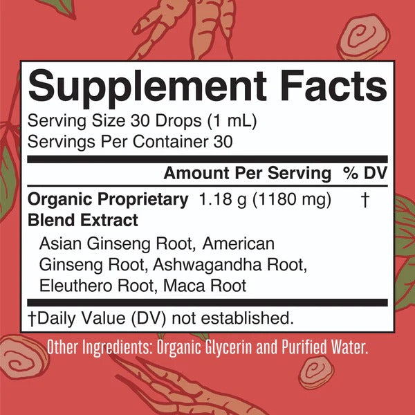 Mezcla de hierbas de vitalidad de ginseng orgánico en gotas (30 ml) / Organic Ginseng Vitality Herbal Blend Liquid Drops (1 oz)