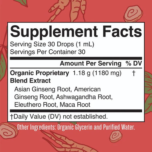 Mezcla de hierbas de vitalidad de ginseng orgánico en gotas (30 ml) / Organic Ginseng Vitality Herbal Blend Liquid Drops (1 oz)