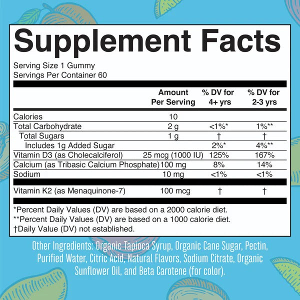 Calcio K2 + D3 en gomitas (60 gomitas) / Vitamin K2+D3 Calcium Gummies, Peach Mango & Apricot, 60 ct