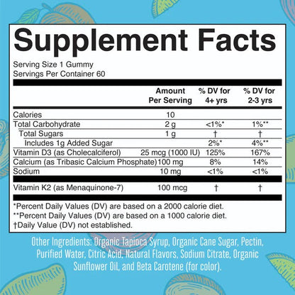 Calcio K2 + D3 en gomitas (60 gomitas) / Vitamin K2+D3 Calcium Gummies, Peach Mango & Apricot, 60 ct