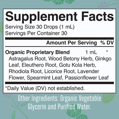 Mezcla de hierbas orgánicas suprarrenales y de enfoque 1oz (30ml) /Adult Adrenal & Focus Drops, Org, 1 oz