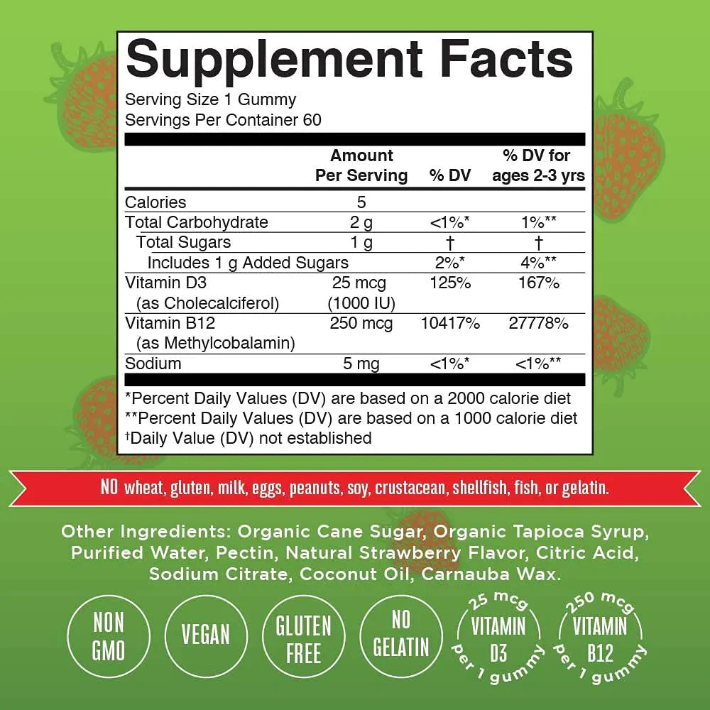 D3 + B12 Gomitas, Fresa (60gomitas) / Vitamin D3+B12 Gummies, Strawberry, (60ct)