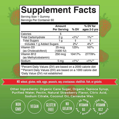 D3 + B12 Gomitas, Fresa (60gomitas) / Vitamin D3+B12 Gummies, Strawberry, (60ct)