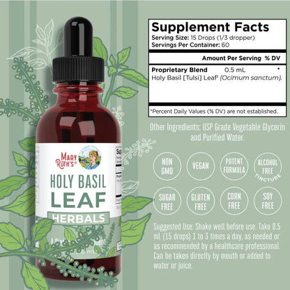 Gotas Líquidas de Hoja de Albahaca Sagrada Orgánica (30ml) / Holy Basil Leaf Drops, (1oz)