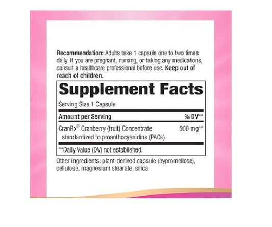 CranRx Arándano Rojo Bioactivo - Salud Urinaria - 500mg - 30 Cápsulas Vegetales
