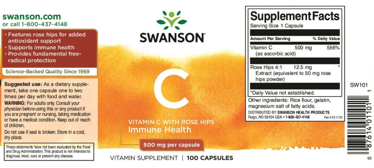 OFERTA 50% Vitamina C Con Rosa Mosqueta 500 mg (100 caps), Swanson