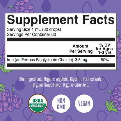 Gotas líquidas orgánicas de hierro para niños pequeños (60ml) / Toddler Iron Drops, Grape, Org, (2oz)