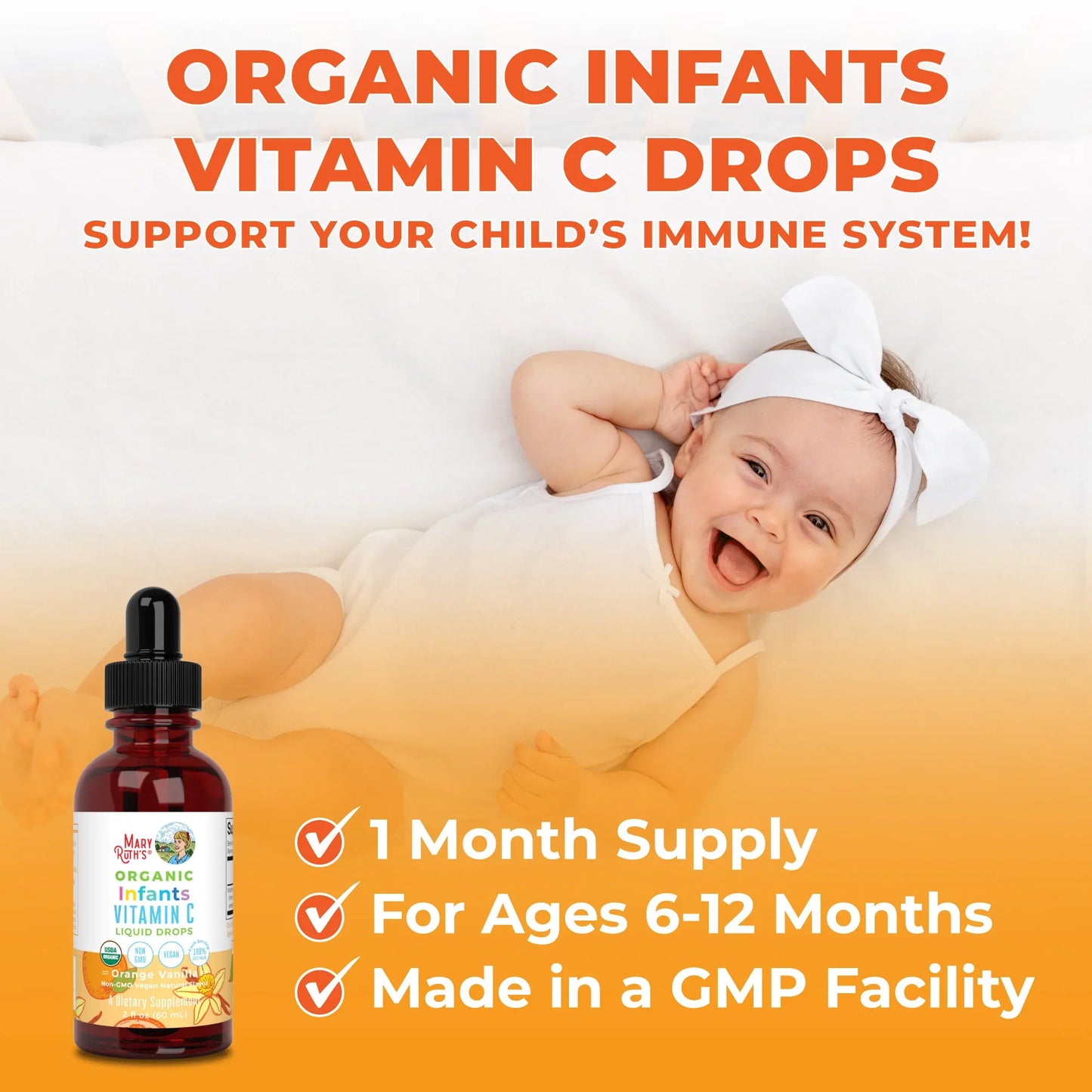 Gotas líquidas de vitamina C para bebés orgánicos (60ml) / Infant Vitamin C Drops, Orange Vanilla, Org, (2oz)
