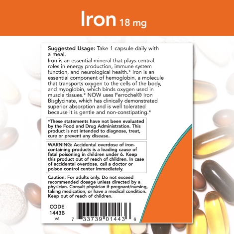 Hierro 18 mg (120 VegCaps) / Iron 18 mg Bisglycinato. Sin estreñimiento.