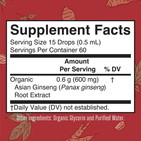 Raíz de ginseng asiático orgánico en gotas (30ml) / Organic Asian Ginseng Root Liquid Drops (1oz)